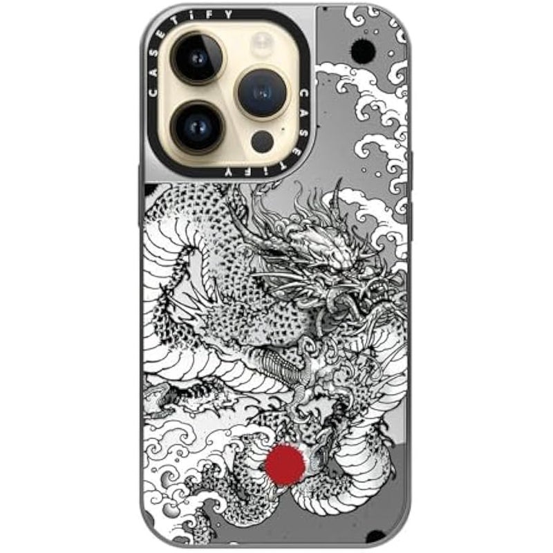 Casetify Mirror Case for iPhone 14 Pro Compatible with Magsafe - Power Dragon - Silver on Silver - Image 4