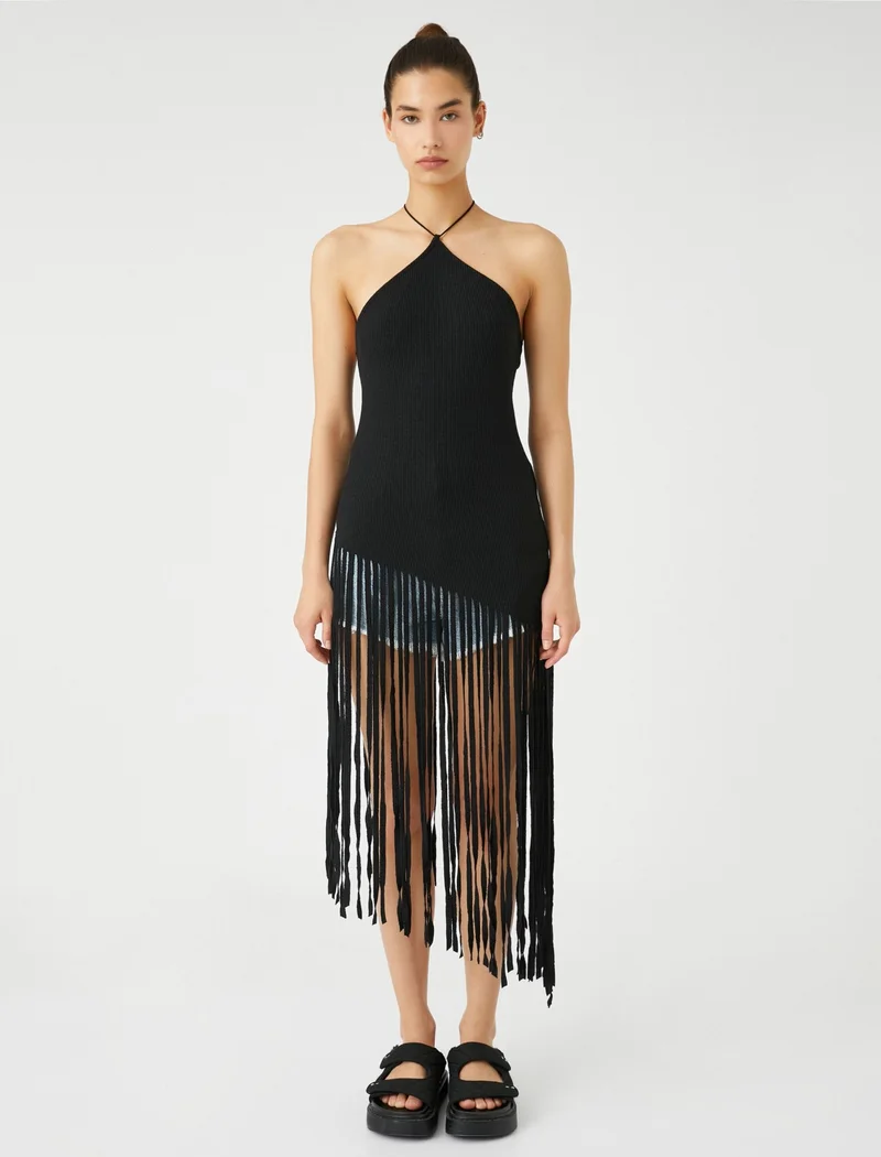 KOTON Halter Neck Blouse Tasseled Asymmetrical Cut Ribbed