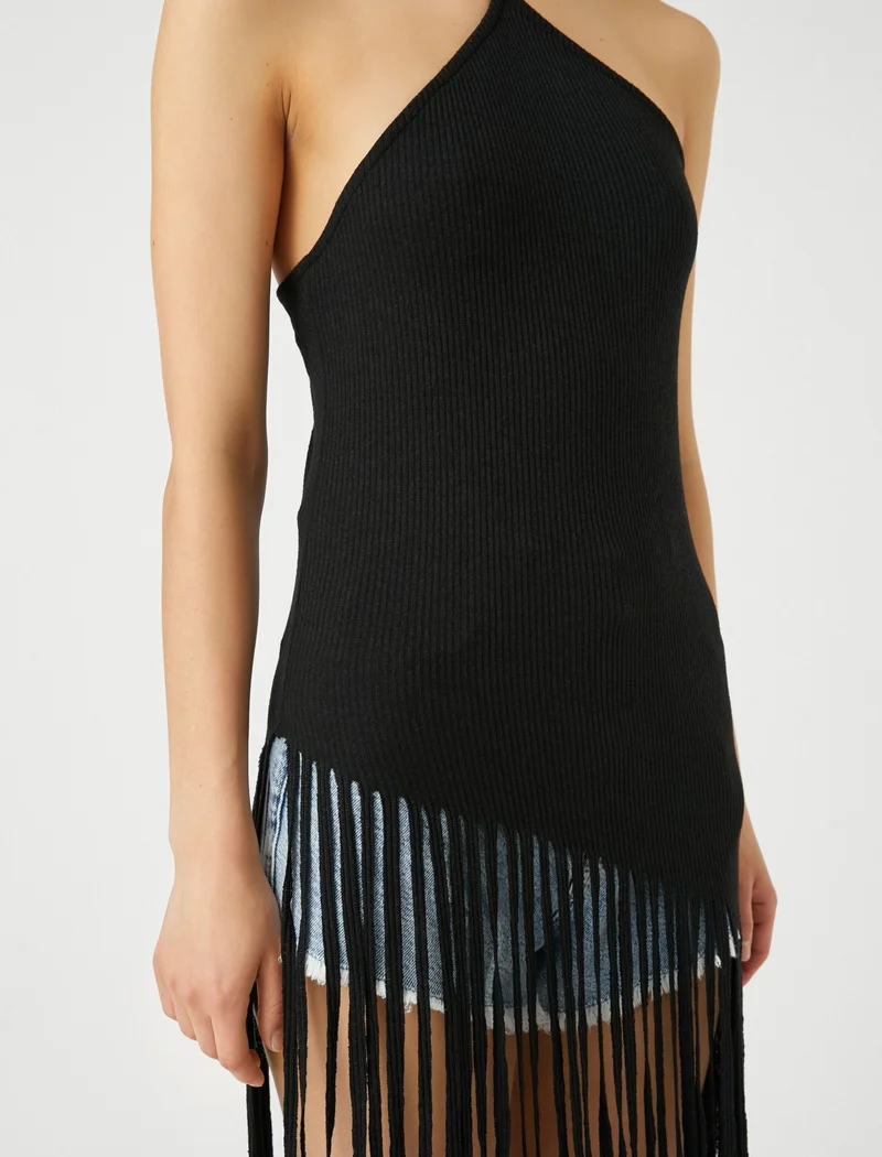 KOTON Halter Neck Blouse Tasseled Asymmetrical Cut Ribbed
