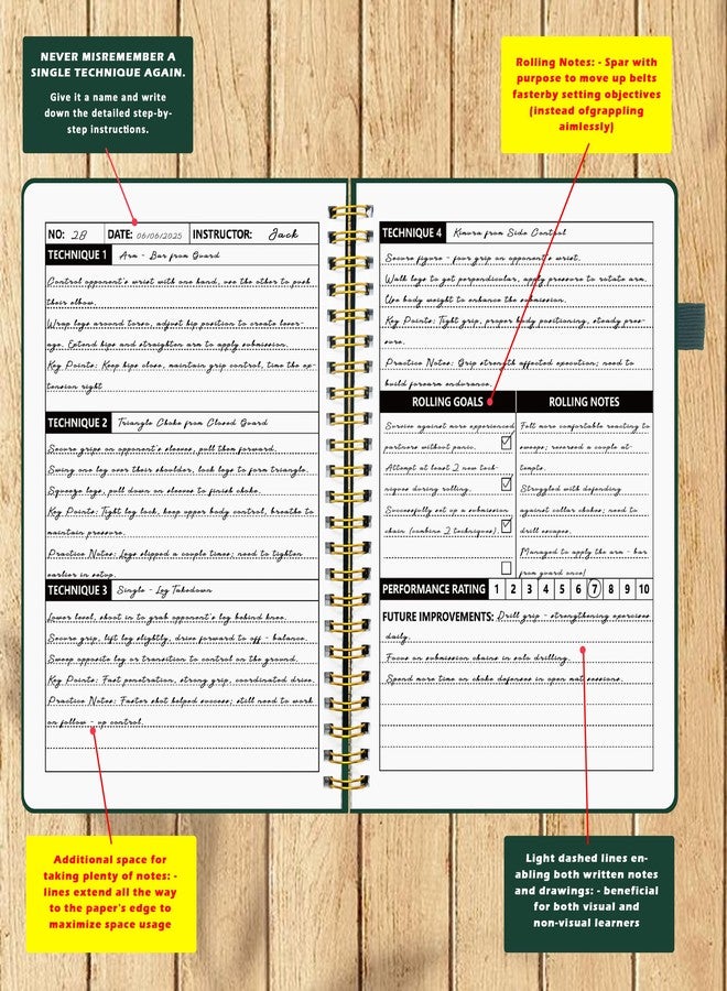 LKTHSEEK Jiu Jitsu Training Journal BJJ Notebook for Martial Arts 134 Pages PU Cover Spiral Bound A5 Size Planner Style Notebook to Log Techniques Goals and Rolling Notes Ideal for Gift - Image 3