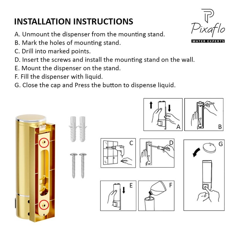 Pixaflo Plastic Elix Liquid Sanitizer Shower Gel Dish Wash Soap Dispenser For Bathroom Kitchen 400 Ml Capacity Wall Mounted Gold Pack Of 1 - Image 5