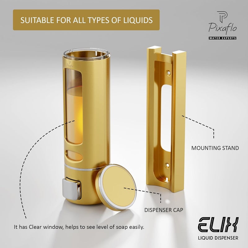 Pixaflo Plastic Elix Liquid Sanitizer Shower Gel Dish Wash Soap Dispenser For Bathroom Kitchen 400 Ml Capacity Wall Mounted Gold Pack Of 1 - Image 3