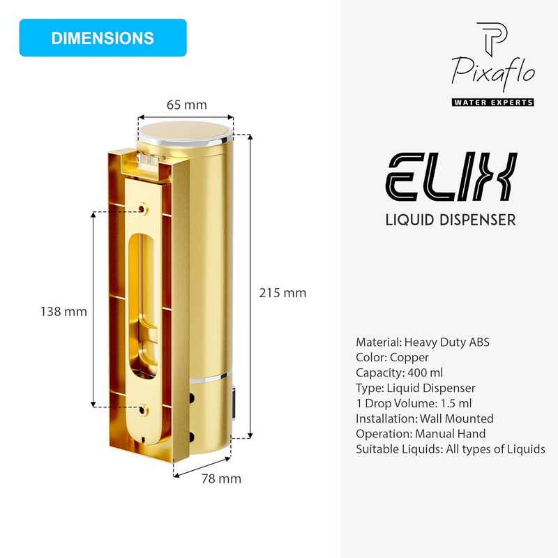 Pixaflo Plastic Elix Liquid Sanitizer Shower Gel Dish Wash Soap Dispenser For Bathroom Kitchen 400 Ml Capacity Wall Mounted Gold Pack Of 1 - Image 4