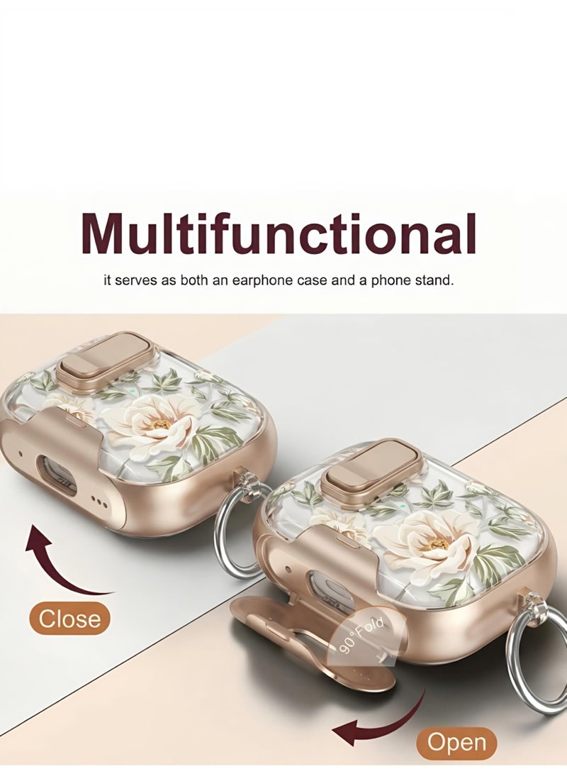 Luxury Floral Case for AirPods 4 with Safety Lock and Phone Stand - Rose Gold - Image 5