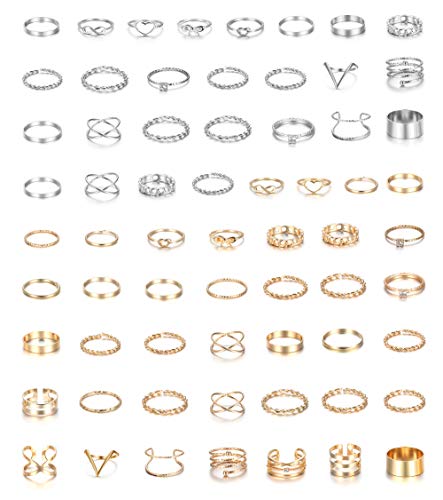 LOYALLOOK 65PCS Bohemian Knuckle Ring Midi Set Hollow Silver Gold Vintage Stackable Rings Fashion Finger for Women - Image 2