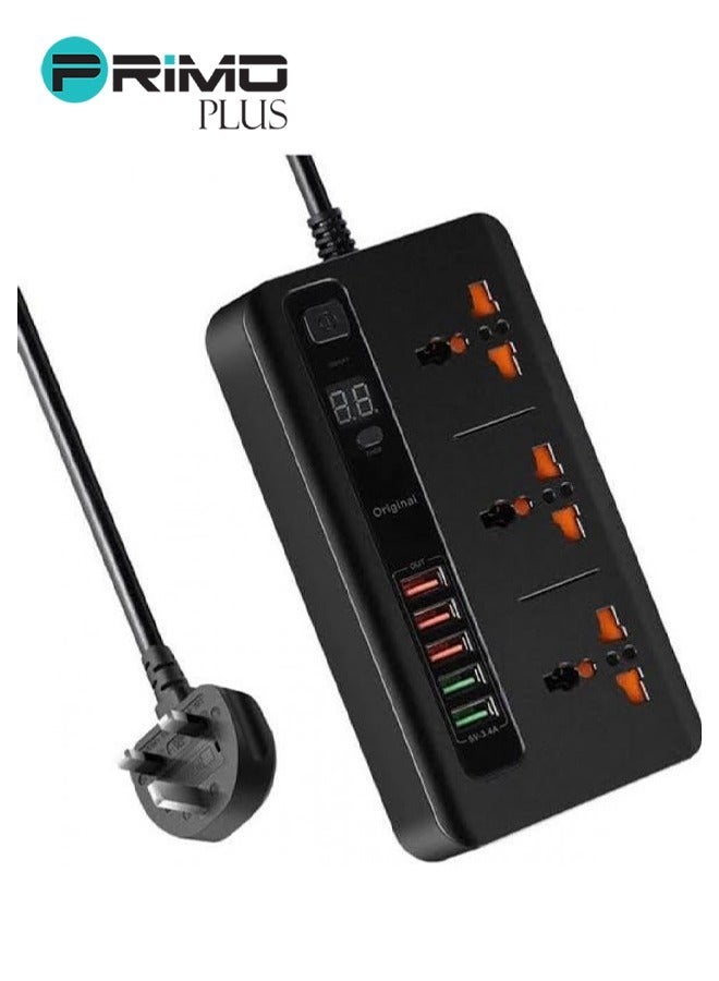 بريمو بلس توصيلة كهربائية بمؤقت ذاتي مع 3 منافذ تيار متردد و 5 منافذ يو اس بي أسودتدعم الشحن السريع - Image 1