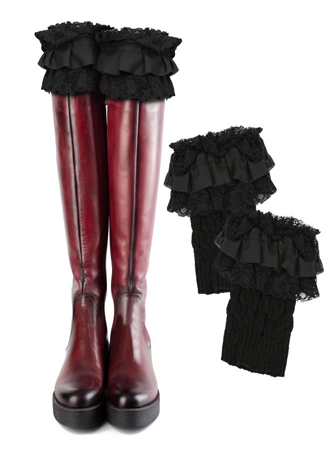 BuleVina 1 Pair of Womens Knit Boot Cuff Socks - Crochet Lace Trim Leg Warmers Toppers, Short Stretch Knitted Cuffs for Women, Solid Color Winter Warm Cuff Topper Gift (Black) - Image 1
