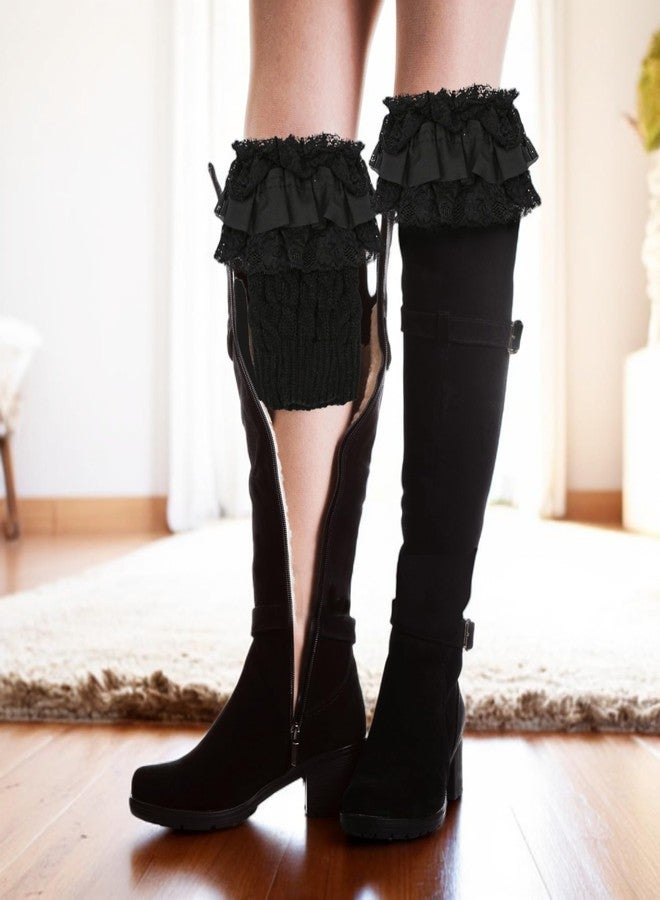 BuleVina 1 Pair of Womens Knit Boot Cuff Socks - Crochet Lace Trim Leg Warmers Toppers, Short Stretch Knitted Cuffs for Women, Solid Color Winter Warm Cuff Topper Gift (Black) - Image 3