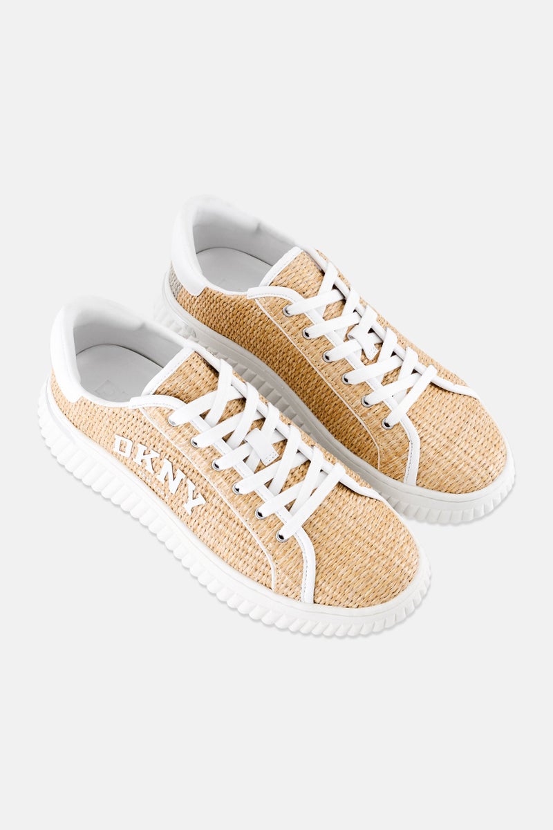 DKNY Women Leon Lace Up Raffia Sneakers, Beige - Image 2