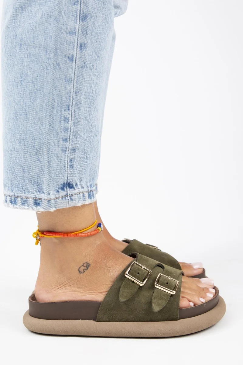 Manijero Manijero Lirio Women's Genuine Leather Single Strap Double Buckle Khaki Slippers