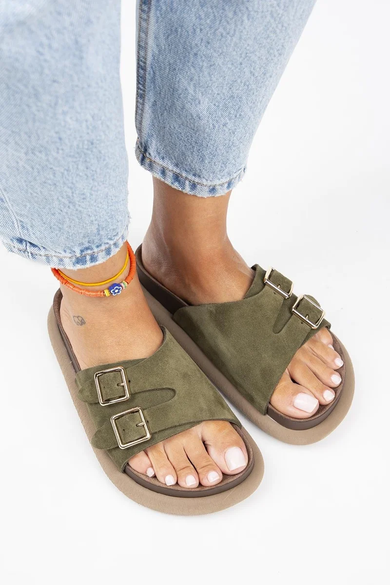 Manijero Manijero Lirio Women's Genuine Leather Single Strap Double Buckle Khaki Slippers