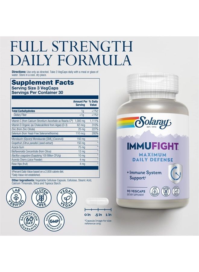 Solaray Immufight Maximum Daily Defense, All Day Immune Support, Vitamin C, Vitamin D, Zinc, Probiotics, Monolaurin, Acerola & More, Vegan & Gluten Free, 60 Day Guarantee, 30 Servings, 90 VegCaps  - Image 2