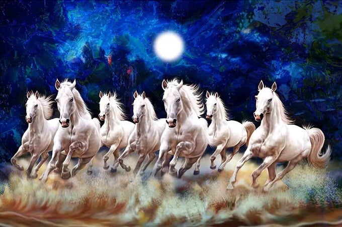 VASTU SEVEN LUCKY RUNNING HORSES SUNRISE ART PRINT FOR WALL PAPERMULTICOLOR7 HORSE LL WR403