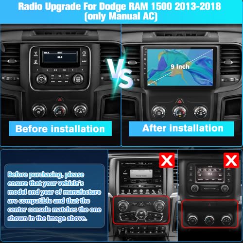 AWESAFE [4Core 64GB] Car Stereo for Dodge Ram 1500 2500 3500 2013-2018, 9'' Android 13 Touch Screen Ram CarPlay Radio Support Android Auto Bluetooth AM FM with Backup Camera (Only fit Manual AC) - Image 3