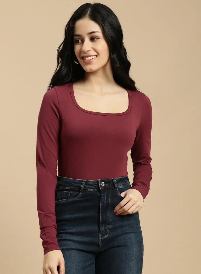 ECOLORE Burgundy Solid Square Neck Long Sleeves Top