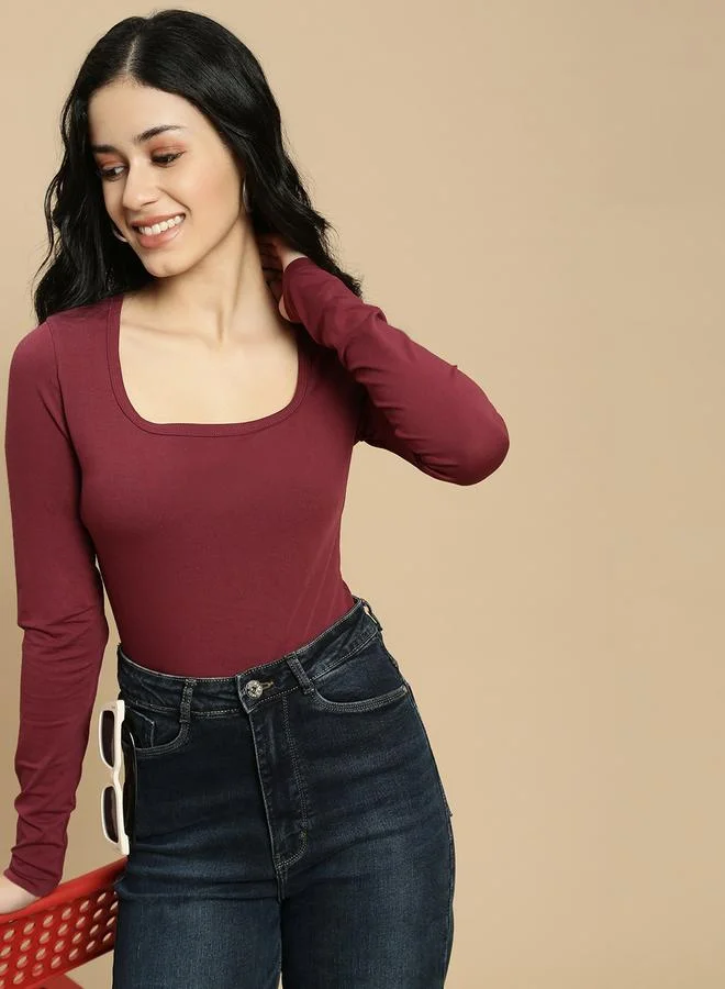 ECOLORE Burgundy Solid Square Neck Long Sleeves Top
