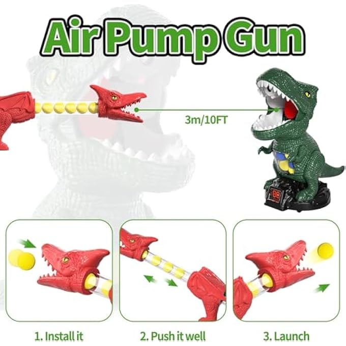 DINOSAUR SHOOTING TOYS FOR KIDS, INTERACTIVE T-REX GAME WITH 2 AIR PUMP LAUNCHERS, 48 FOAM BULLETS, MOVABLE TARGET, LED SCORE, SOUND FOR BOYS & GIRLS AGES 3-8 - Image 5