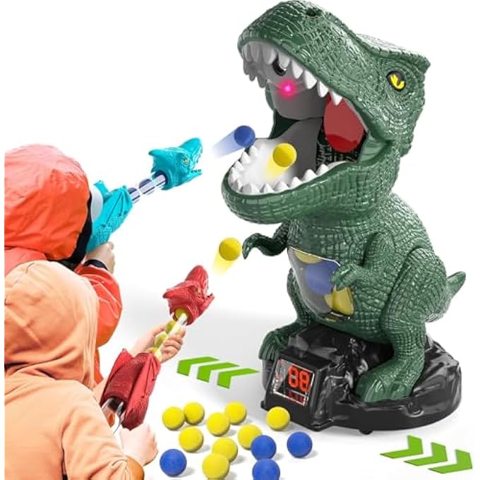 DINOSAUR SHOOTING TOYS FOR KIDS, INTERACTIVE T-REX GAME WITH 2 AIR PUMP LAUNCHERS, 48 FOAM BULLETS, MOVABLE TARGET, LED SCORE, SOUND FOR BOYS & GIRLS AGES 3-8 - Image 1