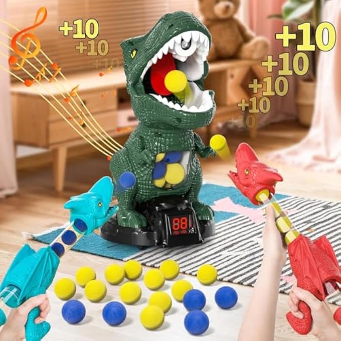 DINOSAUR SHOOTING TOYS FOR KIDS, INTERACTIVE T-REX GAME WITH 2 AIR PUMP LAUNCHERS, 48 FOAM BULLETS, MOVABLE TARGET, LED SCORE, SOUND FOR BOYS & GIRLS AGES 3-8 - Image 4
