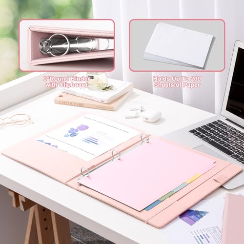 Ovesmusl Pink 3 Ring 1 inch PU Leather Professional Binder Organizer with Dividers Suitable for 8.5 x 11 Letter Size Paper Cute Loose Leaf Binder with Pocket for School Work - Image 4