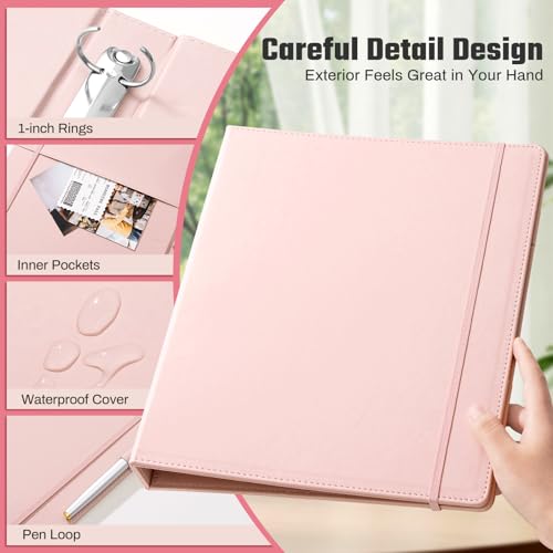 Ovesmusl Pink 3 Ring 1 inch PU Leather Professional Binder Organizer with Dividers Suitable for 8.5 x 11 Letter Size Paper Cute Loose Leaf Binder with Pocket for School Work - Image 3