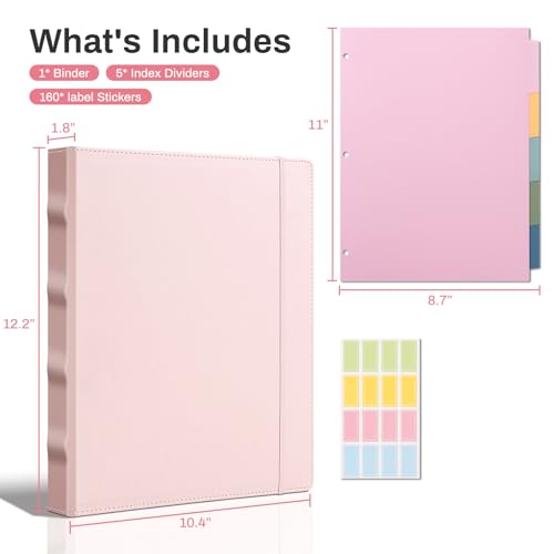 Ovesmusl Pink 3 Ring 1 inch PU Leather Professional Binder Organizer with Dividers Suitable for 8.5 x 11 Letter Size Paper Cute Loose Leaf Binder with Pocket for School Work - Image 2