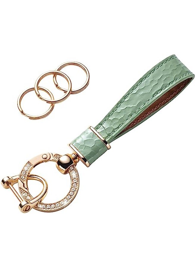 Microfiber Leather Car Keychain, Crystal Metal Ring With Lacquer Finish PU Leather Strap Keychain, Universal Car Keychain Holder for Men and Women (Green) - Image 1