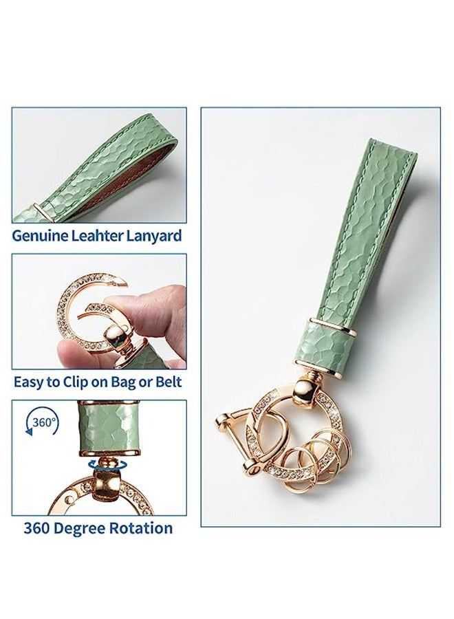 Microfiber Leather Car Keychain, Crystal Metal Ring With Lacquer Finish PU Leather Strap Keychain, Universal Car Keychain Holder for Men and Women (Green) - Image 2