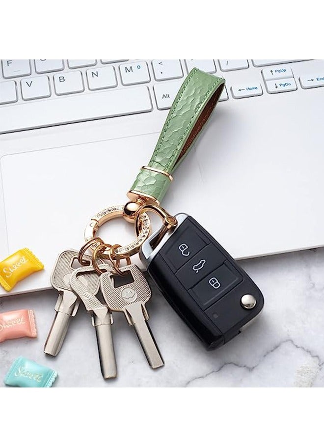 Microfiber Leather Car Keychain, Crystal Metal Ring With Lacquer Finish PU Leather Strap Keychain, Universal Car Keychain Holder for Men and Women (Green) - Image 3