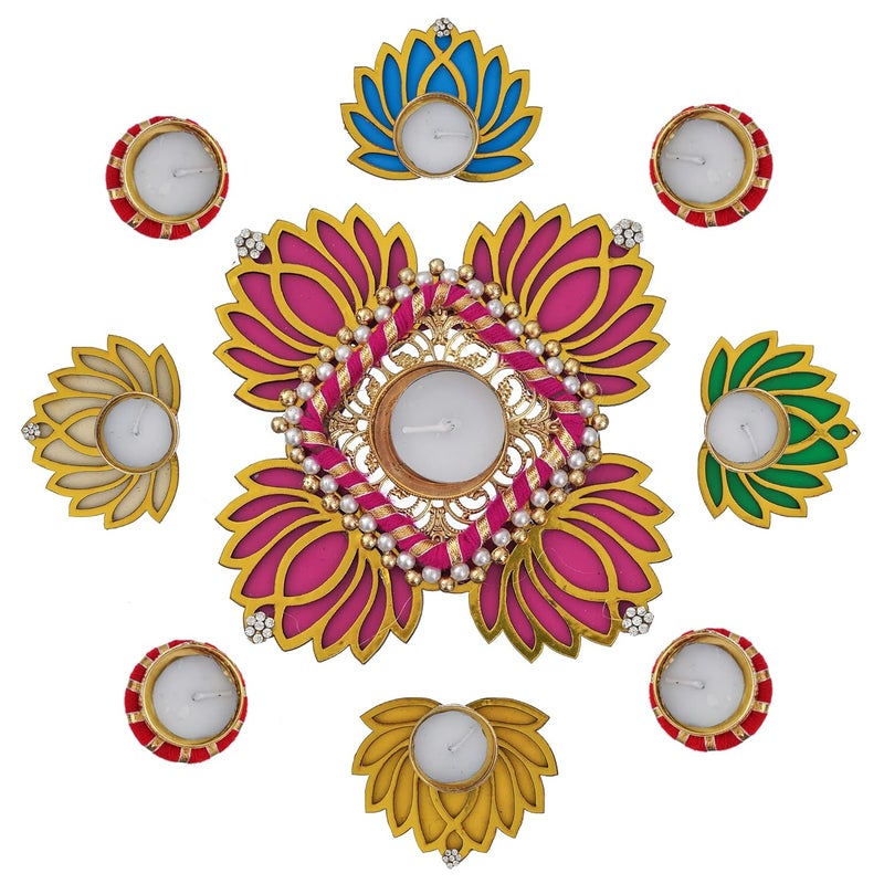 Sanvatsar Sanvatsar Home Decorative Lotus Rangoli Lotus Diya Set Corporate Gift Diwali Gift Diya for puja Home Decoration Light Diya Christmas Candle Lighting New Year Candle Set of 9 
