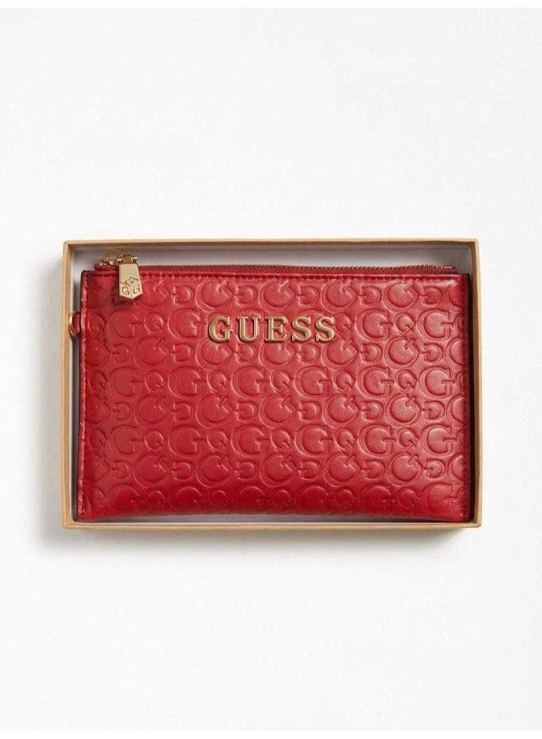 Guess Women's Red Monogram Embossed Zip-Top Pouch Wallet