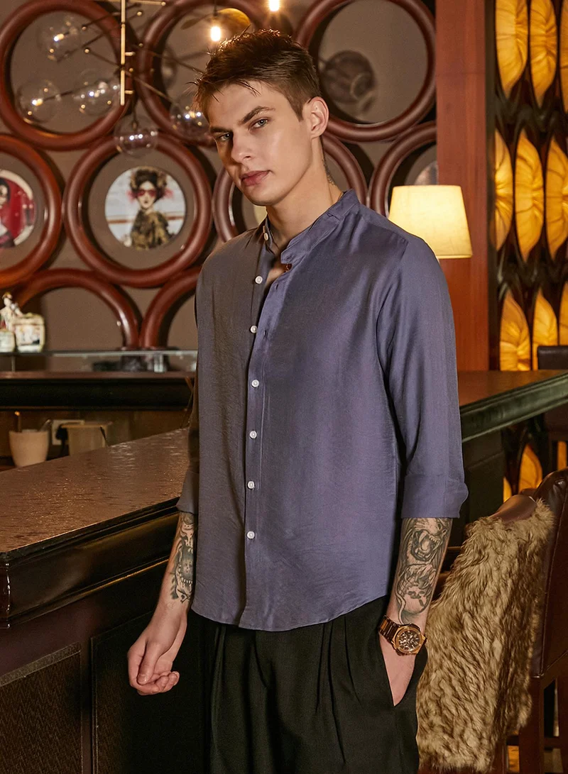 Campus Sutra Men's Steel Blue Breezy Mandarin Shirt