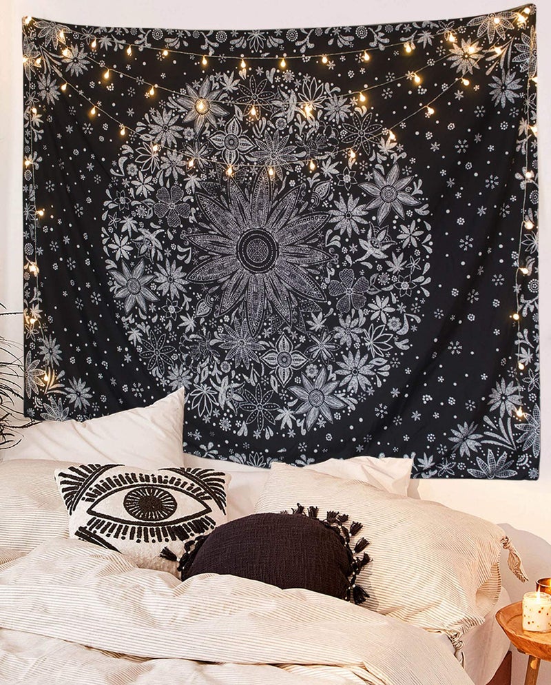 Neasow Bohemian Tapestry Wall Hanging, Black and White Floral Tapestry with Dotted Daisy Medallion Print Bedroom Boho Hippie Home Decor 36Ã—48 inch - Image 2