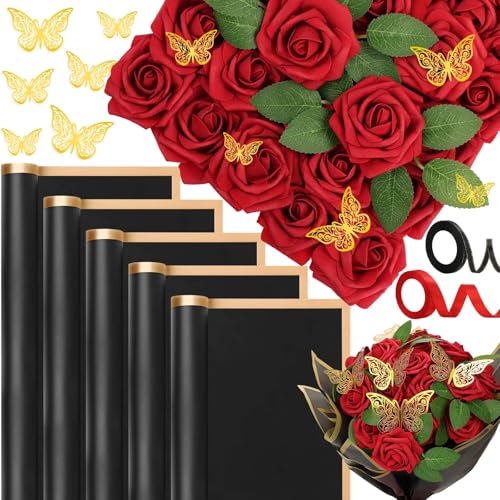 Tidponra Fake Foam Roses with Stems, 3.15 Inch Red Floral Artificial Bouquet with Black Flower Wrapping Paper Bulk Gold Butterfly DIY Flower Arrangements Christmas Party Home Decor - Image 1