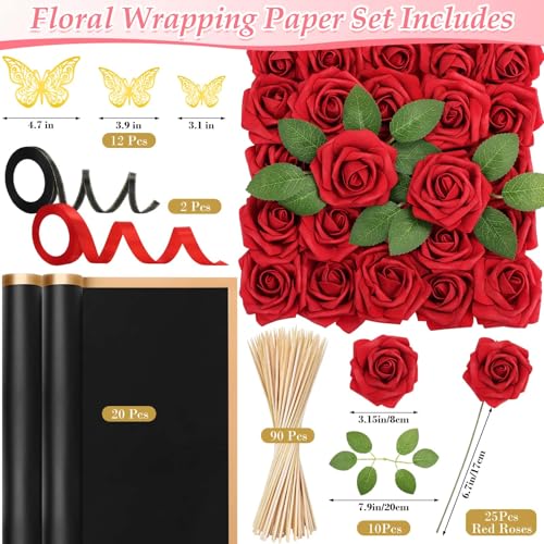 Tidponra Fake Foam Roses with Stems, 3.15 Inch Red Floral Artificial Bouquet with Black Flower Wrapping Paper Bulk Gold Butterfly DIY Flower Arrangements Christmas Party Home Decor - Image 3