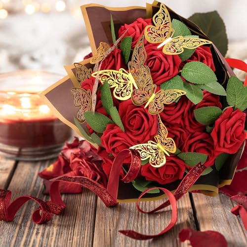Tidponra Fake Foam Roses with Stems, 3.15 Inch Red Floral Artificial Bouquet with Black Flower Wrapping Paper Bulk Gold Butterfly DIY Flower Arrangements Christmas Party Home Decor - Image 2