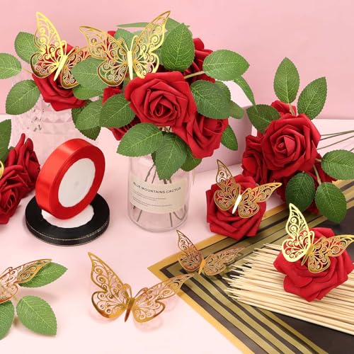 Tidponra Fake Foam Roses with Stems, 3.15 Inch Red Floral Artificial Bouquet with Black Flower Wrapping Paper Bulk Gold Butterfly DIY Flower Arrangements Christmas Party Home Decor - Image 4