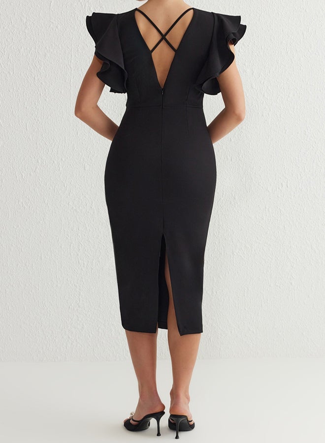 trendyol Black Body-Styling Flounce Detailed Elegant Evening Prom Dress - Image 5