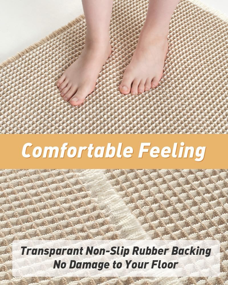 AMOAMI Upgraded Waffle Bath Mat, Super Absorbent Non Slip Bath Mats for Bathroom Floor, Machine Washable Bathroom Rugs with Tassels, Rubber Backed Bathroom Mats, Ultra Soft, 18" x 30",Brown & Cream - Image 4