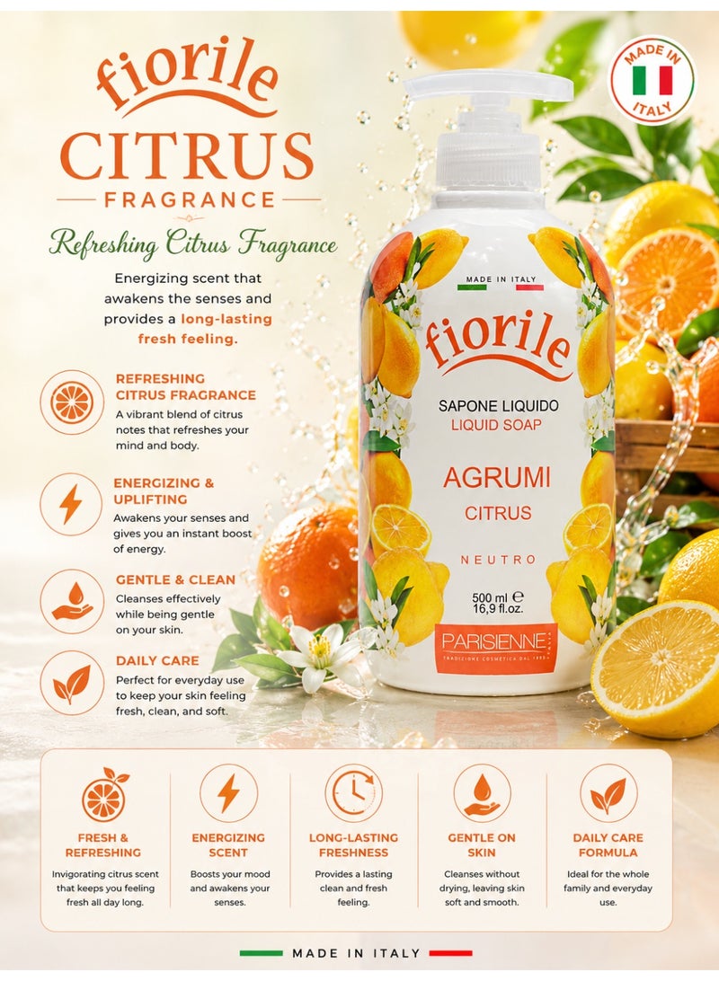 Fiorile Liquid Soap Citrus 500ML | Refreshing & Revitalizing Hand Wash with Citrus Extract | Germ Protection & Deep Cleansing | Moisturizing Formula - Image 3