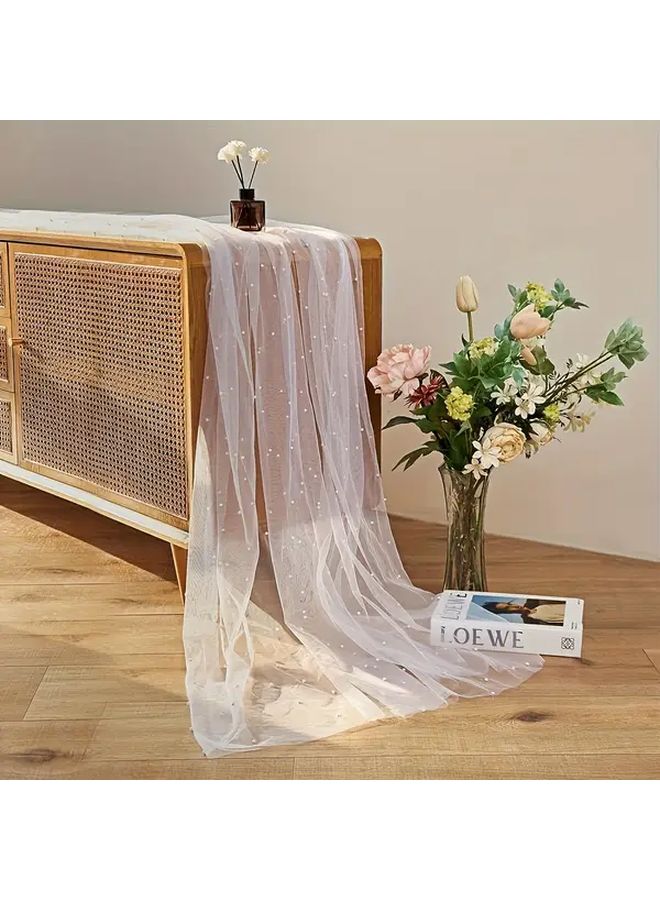 Elegant Sheer Chiffon Table Runner Pearl Embellishments Champagne 44x32 Inch - Image 1