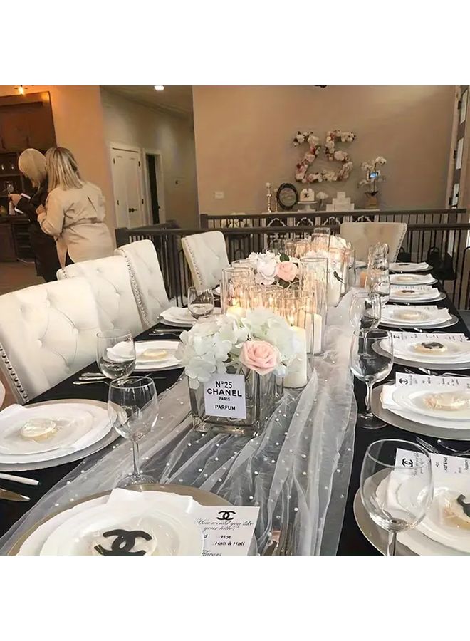 Elegant Sheer Chiffon Table Runner Pearl Embellishments Champagne 44x32 Inch - Image 5