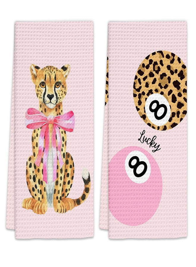 FIicy Pink Leopard Decor Hand Towels Set of 2 - Trendy Pink Preppy Leopard 8 Ball Kitchen Towels, Coquette Bow Cheetah Decor Hand Towel for Bathroom Kitchen, Preppy Coquette Bathroom Decor(16x24Inch) - Image 1
