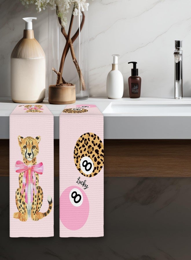 FIicy Pink Leopard Decor Hand Towels Set of 2 - Trendy Pink Preppy Leopard 8 Ball Kitchen Towels, Coquette Bow Cheetah Decor Hand Towel for Bathroom Kitchen, Preppy Coquette Bathroom Decor(16x24Inch) - Image 5