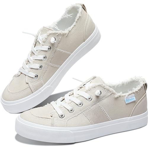 Obtaom Women's Play Fashion Sneaker Comfortable Canvas Slip on Shoes Washed Canvas Flats（Beige US9） - Image 1