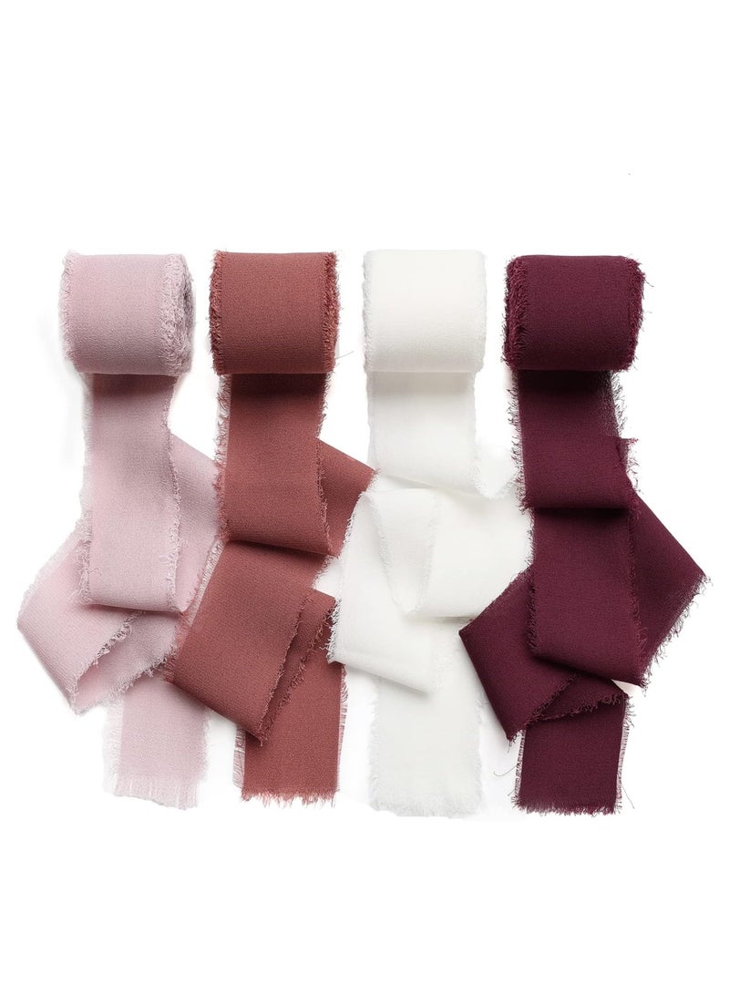DELGREEN 4 Rolls Handmade Fringe Chiffon Silk Ribbon 1.5" x 5Yd Per Roll,Burgundy & Cream Frayed Edges Ribbons Set (4cm*5m, Burgundy&Cream) - Image 1