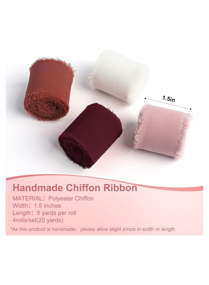 DELGREEN 4 Rolls Handmade Fringe Chiffon Silk Ribbon 1.5" x 5Yd Per Roll,Burgundy & Cream Frayed Edges Ribbons Set (4cm*5m, Burgundy&Cream) - Image 2
