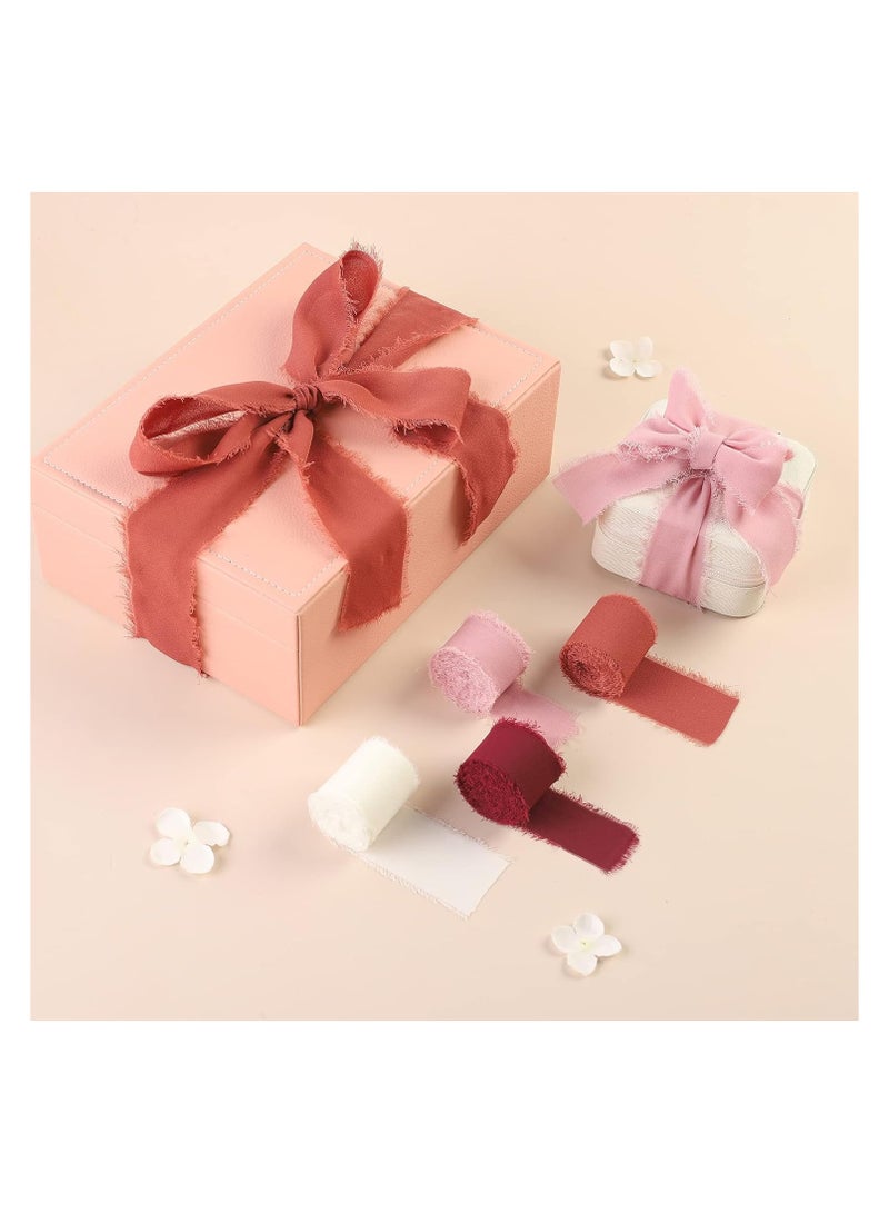 DELGREEN 4 Rolls Handmade Fringe Chiffon Silk Ribbon 1.5" x 5Yd Per Roll,Burgundy & Cream Frayed Edges Ribbons Set (4cm*5m, Burgundy&Cream) - Image 4