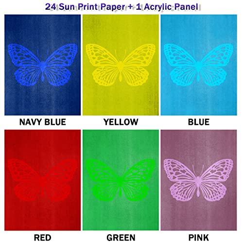 LIGHOON Colorful Sun Print Paper Kit, 24 Sheets Thick Cyanotype Papers with 1 Sheet Acrylic Panel, High Sensitive Nature Sun/Solar Activated Sun Printing Art Paper for Arts Crafts DIY Project, 6 Colors - Image 3