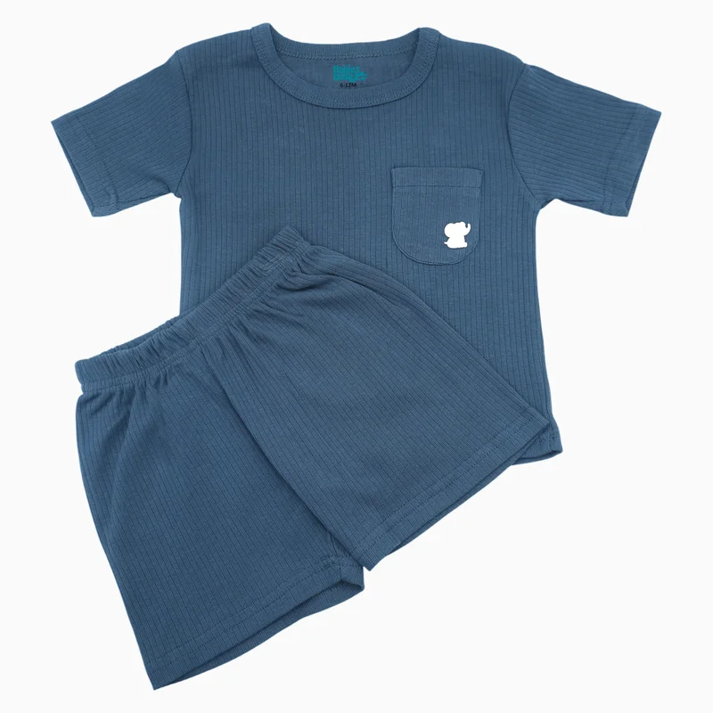 Babies Basic Babies Basic Ribbed Cotton Short Sleeves T-shirt and Plain Shorts Set, Blue